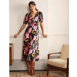 Boden Midi Dress V-Neck Jersey French Navy Abstract Bloom Office Size 6